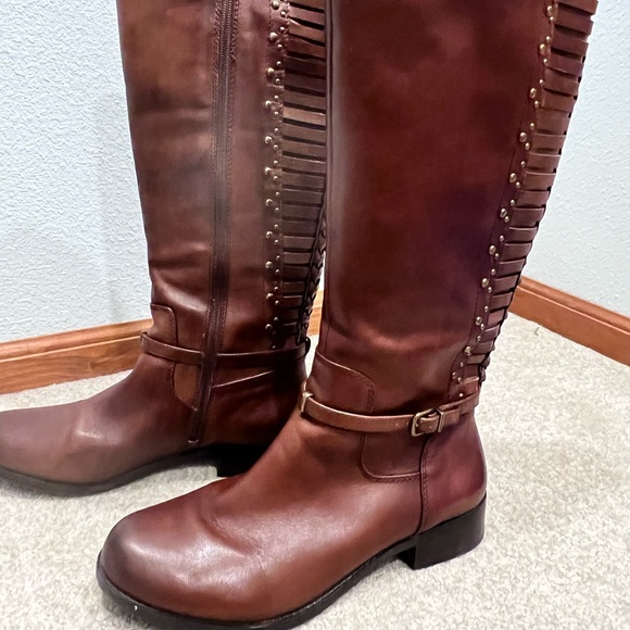 Gianni Bini Tall Brown Leather Boots Studded MotoWoven Shaft Riding Fall Style - Picture 7 of 14